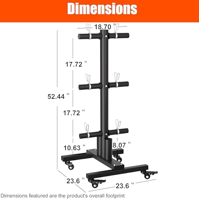 Movable Weight Plate Rack, Heavy Duty Olympic Plate Rack for 1 or 2-Inch Plates with 2 Barbell Holders, Bumper Plate Storage with Locking Wheels for Garage, Home Gym