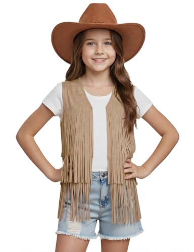 Image of Noomelfish Girls Faux Suede Fringe Vest Sleeveless Boho Tassels Jacket Cardigan (5-12 Years)