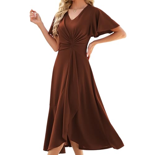 Image of QMZ Wedding Guest Dresses for Women V Neck Cocktail Dress Ruffle Sleeve A Line Evening Party Formal Dresses for Women