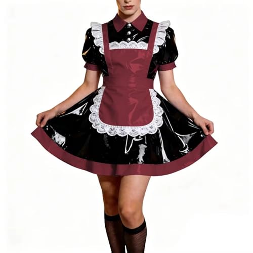 Robe cosplay gothique lolita en cuir PVC rouge foncé à manches bouffantes