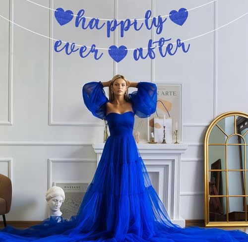 Image of Pre-Strung Happily Ever After Banner - Royal Blue Glitter Bachelorette Bridal Engagement Party Decoration Supplies, Bachelorette Wedding Party Banner for Engagement, Bridal Shower, Wedding Party Photo Booth Props