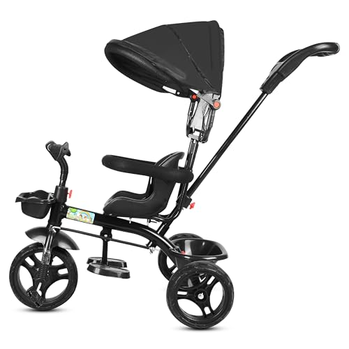 Image of BABY SMILE 4-in-1 Kids Tricycle with Adjustable Canopy, Parent Push Handle, Red and White (Black)