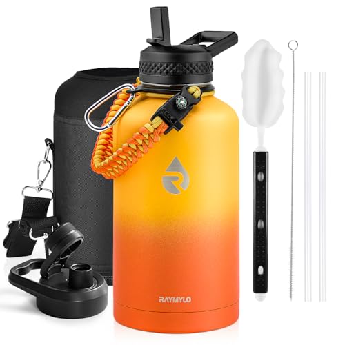 Image of RAYMYLO Insulated Water Bottle 64 oz, Triple Wall Vacuum Stainless Steel (Cold for 48 Hrs), Leak Proof & Non-BPA, Half Gallon Water Flask Jug with Paracord Handle & Straw Spout Lids, Ombre Orange