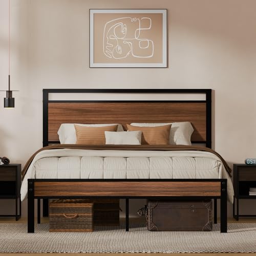 Image of Z-hom Queen Metal Bed Frame&Wooden Headboard&Footboard,No Box Spring,Walnut | Heavy Duty &Metal Slats,No Box Spring Needed,Quiet&Non-Slip Design,Space Saving Bed Frame for Bedroom