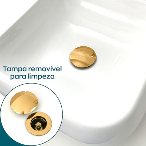 Dona D Cor, Kit Valvula Click Dourada E Sifão Copo Lavatório 1 1/4 Cuba Lavabo Luxo Sifão Metal Gold