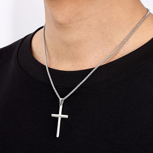 Fiusem Beveled Edge Cross Necklace for Men, Silver Tone/Black/14K Gold Plated Mens Cross Necklace, 2.5MM Stainless Steel Box Chain with Pendant3