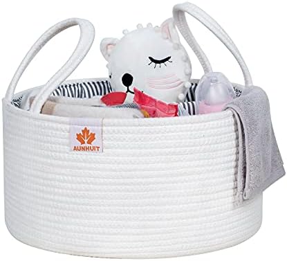 Large Baby Diaper Caddy Organizer Woven Cotton Rope Basket Round 15"X7.4" Nursery Storage Bin Portable ChangingTable/Car Travel Tote Bag Removable Inserts Newborn Registry Boy Girl Shower Basket