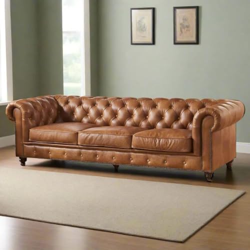 Image of Classic Leatherette Chester Sofa Set Button Tufted, Classic Style Sofa Set for Living Room, Office, and Hallway Colour (Brown Leatherette, 3 Seater Sofa)