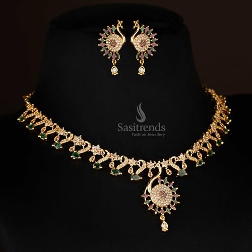 Image of Sasitrends Micro Gold Plated Peacock AD Stone Studded Jewellery Set