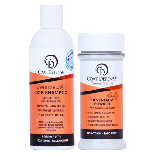 COAT DEFENSE Paw Licker Bundle | Daily Preventative Powder & Shampoo for Allergies and Itching | Yeast Infection Treatment for Dogs | Dog Shampoo Itchy Skin Relief | Dry Shampoo Yeast Powder for Dogs