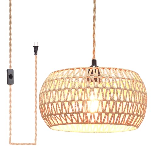 Garvot Plug in Pendant Light Rattan Hanging Lamp Pendant Light
