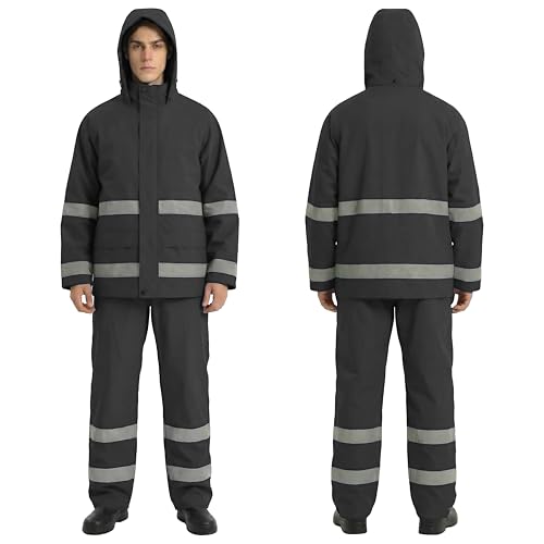 Image of Men's PRO Hi-Vis Waterproof Workwear Rain Jacket & Bib Pants with Hood, 3-Piece Safety Durable Functional Nylon Oxford Shell