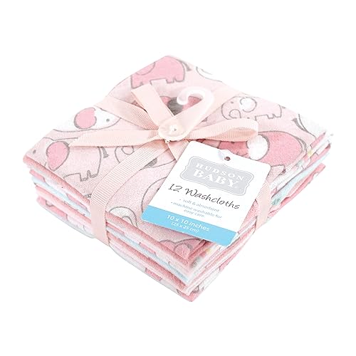 Image of Hudson Baby Unisex Baby Flannel Cotton Poly Washcloths, Girl New Elephant 12-Pack, One Size