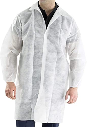 Casacos descartáveis de laboratório 40 GSM PP com pulsos elásticos, sem bolsos, gola dobrada, Branco