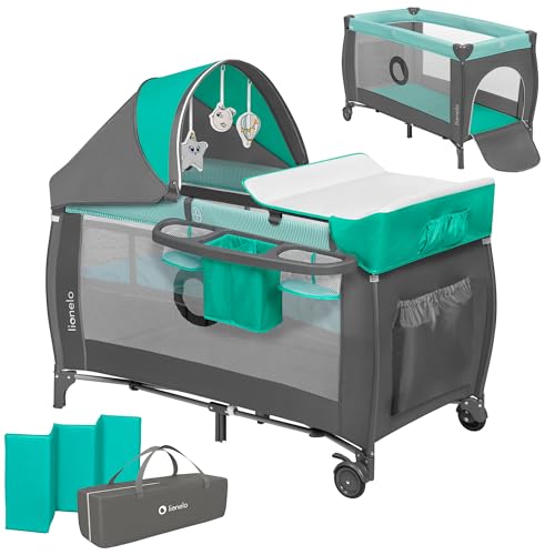 Lionelo - Cuna 5902581650603 Sven Plus de viaje, color turquesa y gris