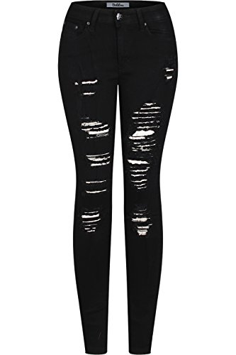 2LUV Women Junior Stretchy Mid Rise 5 Pocket Ripped Destroyed Ripped Skinny Jegging Jeans Back to School Clothing Apparel Black 5