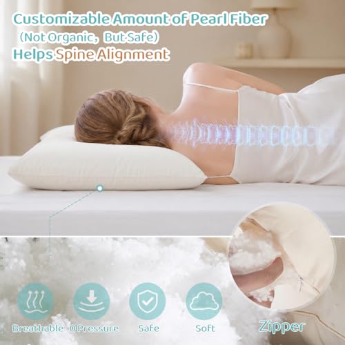 Image of Organic Pillow 20x26 with Cotton Case, Adjustable for Side Sleepers | Organic Cotton Shell, Adjustable Loft, Neck Pain Relief, OEKO-TEX Certified, Machine Washable, for Travel & Couch