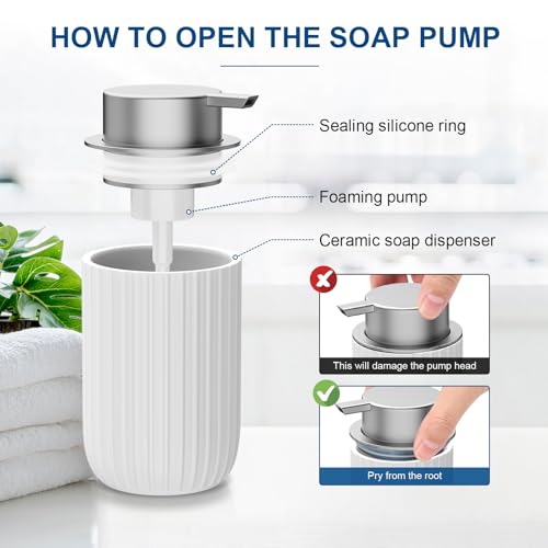 Image of Ceramic Foaming Soap Dispenser, 12 oz Bathroom Foam Hand Soap Dispenser, Refillable Lotion Soap Dispenser with Removable Pump for Kitchen Hand Wash Dispenser, Modern Home Decor (White)
