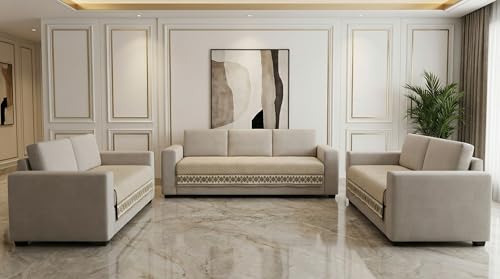 Image of Velvet Quilted Sofa Cover Mat Seat & Back, 3+2+2 Set, Total L161in H32in (3+2+2), Beige Color,Anti Skid Backing, 6in Hanging Strap Design, Washable Soft, A, Style -Beige-S322