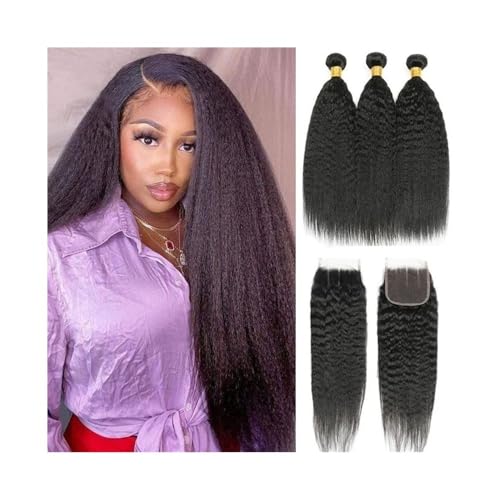 Paquetes de cabello humano Paquetes con cierre, paquetes de cabello humano liso y rizado de 8 a 30 pulgadas con cierre de encaje 4x4 Paquete de cabello/extensiones de cabello(14 14 14+Closure12)