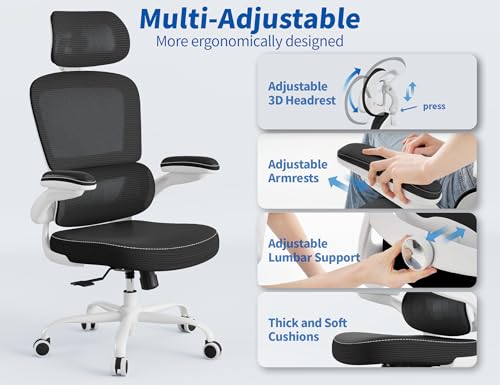 Image of TRALT Ergonomic Office Chair - Desk Chair with Adjustable Headrest Lumbar Support Computer Chair - Mesh Comfy Chair with Flip-up Armrests - Gaming Chairs for Adults Home Office (Leather, Black White)