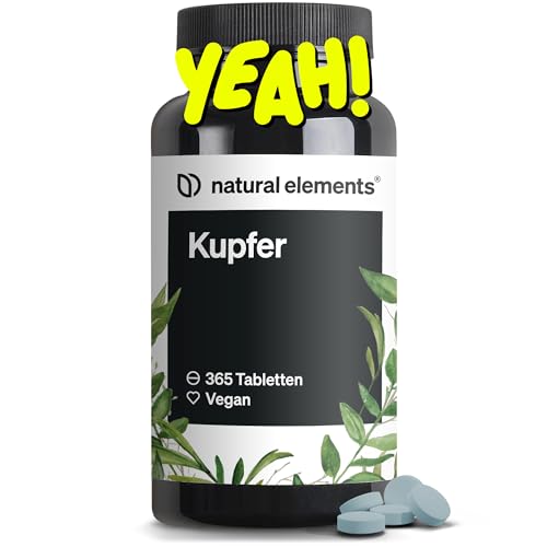 natural elements Kupfer – 365 vegane Tabletten – 2mg Kupfer pro Tagesdosis – geschmacksneutral, hochdosiert, ohne unnötige Zusätze – in Deutschland produziert & laborgeprüft