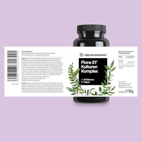 natural elements Flora 21® Kulturen Komplex – 21 Bakterienstämme + Bio Inulin – 60 magensaftresistente Kapseln – Laborgeprüft, vegan, hochdosiert und in Deutschland produziert
