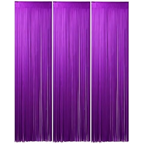 Calmi 3 Pack Matte Purple Fringe Backdrop - 3.31x6.6ft Elegant Foil Curtain Streamer for Photo Booth, Birthday Wedding Graduation Halloween Christmas Party Decor Cover