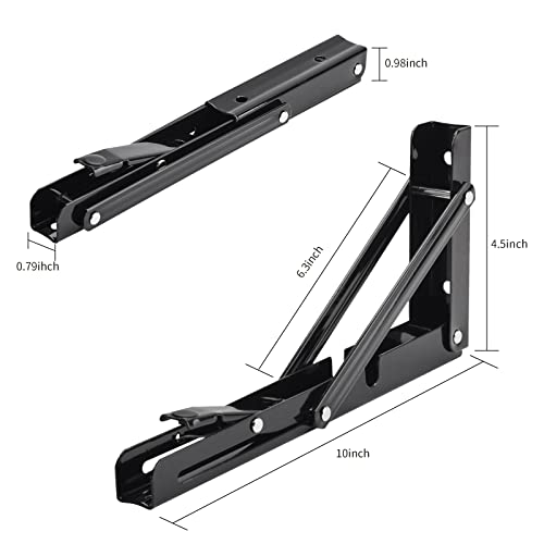 Image of YUMORE 10 Inch Folding Shelf Bracket, Heavy Duty L Bracket, Black, 2 Pack | 330 LB Load Capacity, Foldable Locking Design, Easy Release Lever, Easy Installation, Includes Hardware