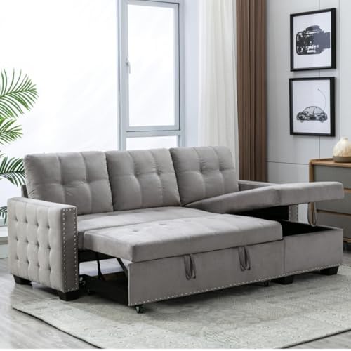 The Wood Gallery-Convertible Sofa Cum Bed L-Shape Sleeper Sofa Bed, 2 Seater with Storage Couch, Pull Out Button Tuffted, Sofabed for Living Room, Bedroom, Hallways (Light Grey)