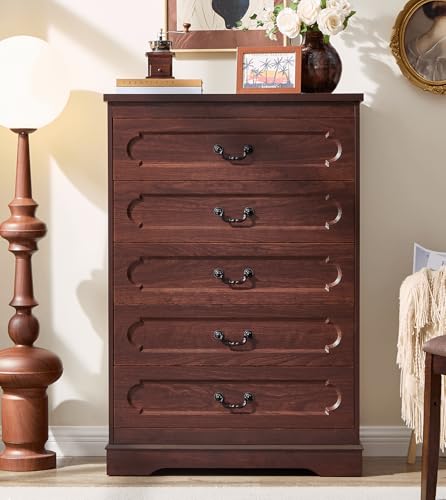 LIDYUK 5 Drawer Dresser for Bedroom Farmhouse Cherry Wood Chest o...