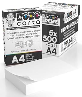 Carta A4 Economica per Stampante, 5 Risme da 500 Fogli - 2500 Totali, RoboCarta da 80gr per Ufficio, Fotocopie, Multiuso