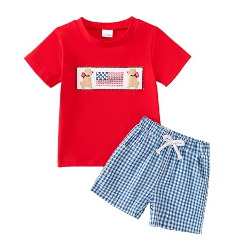 Image of Toddler Boy 4th of July Outfit Embroidered American Flag /Truck Shirt+Striped Shorts Independence Day 1-5T