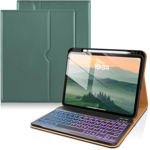 Image of DTTO for iPad 11th (A16,2025) / 10th Generation (10.9 inch,2022) Case with Keyboard, 7 Colors Backlit Wireless Detachable Keyboard Premium Leather Folio Cover with Pencil Holder & Pocket, Midnight Green