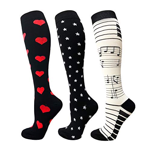 Diu Life Compression Socks for Women and Men-Best Medical,for Running,Nursing,Circulation & Recovery, Hiking Travel & Flight Socks (white stars+piano+red heart-3 Pairs, L/XL) 