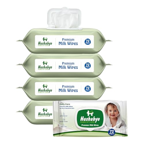 Image of Hushabye Premium Milk Baby Wipes with lid- 0+ Months, pH balanced, Paraben & Alcohol Free, Moisturising & Thick Wipes with purified Water, Gentle & soothing, 360pcs, Pack of 5