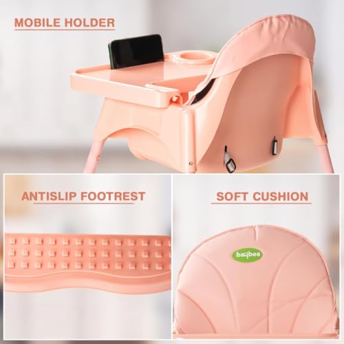 Image of Baybee 2 in 1 Baby High Chair for Kids, Baby Feeding Chair with 2 Height Adjustable, Footrest, Tray, Mobile Stand, 3 Point Safety Belt | Kids High Chair for 6 Months to 3 Years (Pink)
