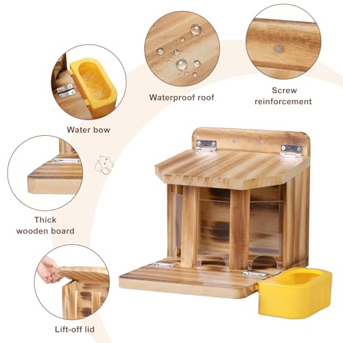 MIXXIDEA Wooden Squirrel Feeder with Water Bowl, Large Capacity Squirrels Feeders for Outside, Sturdy Construction, No Assembly Lovely Chipmunk Feeder for Corn, Peanut, Nuts, Chestnuts (Brown-1pk)