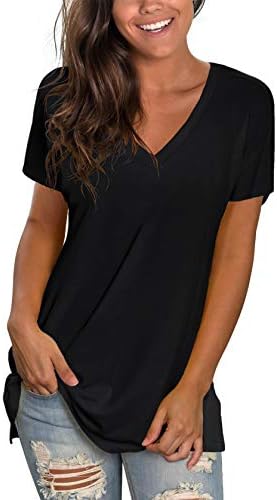 T Shirts for Women Summer Deep V Neck Tshirts Cute Solid Color Short Sleeve Tunic Black L