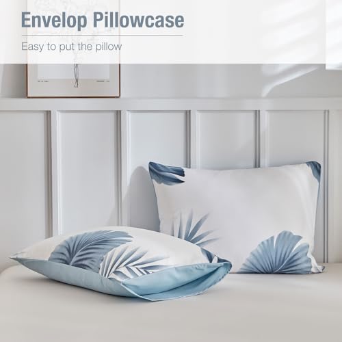 Image of Lekesky King Duvet Cover Set, Tropical Blue Palm Pattern Duvet King Size, 3-Piece White Bedding Set with Zipper, Ultra Soft Microfiber Reversible Floral King Size Comforter