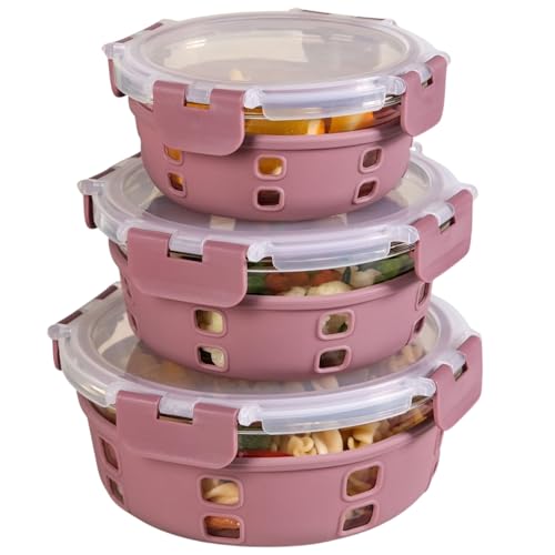 Image of Nestasia Gripso Glass Containers Set of 3 (400ml, 600ml, 950ml) with Silicone Sleeve & Locking Lid, Microwave, Dishwasher & Freezer Safe Round Food Storage Containers (Mauve)