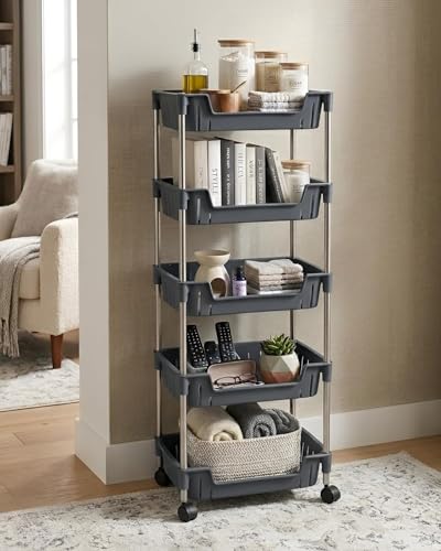 Image of JD FRESH 5-Tier Multi Storage Rack for Home & Kitchen /360-Degree Rotating Wheels with Breathable Kitchen Shelf Storage Rack /Plastic Rolling Cart for Kitchen, Bathroom, Office & Living Room (Black)
