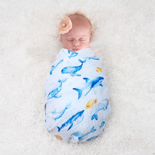 Image of david's kids 4 Pack Baby Muslin Swaddle Blankets, 100% Cotton and Ultra Soft Breathable Receiving Blanket Wrap for Boys Girls, New Born Essentials, Large 47 x 47 inches, Whale