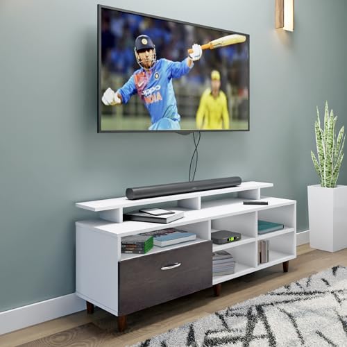 Image of VIKI Modern TV Unit for Living Room | Engineered Wood TV Cabinet with 1 Drawer Storage, 2 Open Shelves & Extension, Entertainment Unit, 140W x 48H x 40D cm | DIY | 1 Year Warranty (White & Wenge)