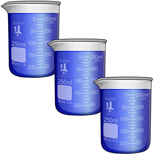 250ml Beaker, Low Form Griffin, Borosilicate 3.3 Glass, Double Scale, Graduated, Karter Scientific 213D44 (Pack of 3)