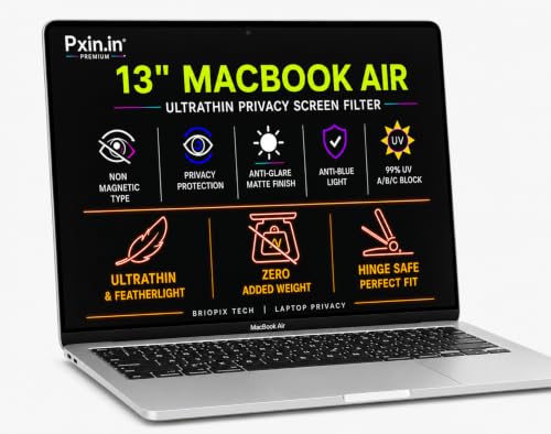 Image of Pxin 13 Inch MacBook Air UltraThin Privacy Screen Filter | FeatherLight Design | No Magnetic Weight | No Hinge Burden | Anti Glare | Anti Blue | 99% UV A /B /C Block | BRIOPIX Tech | Laptop Privacy