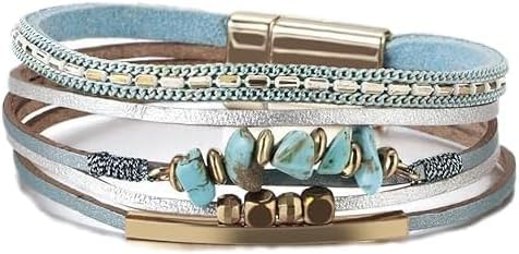 Bohemian Women Multi Layered PU Leather Beaded Fashion Bracelet Handmade Turquoise Buckle Jewelry Wrap Bracelets Mother's Day