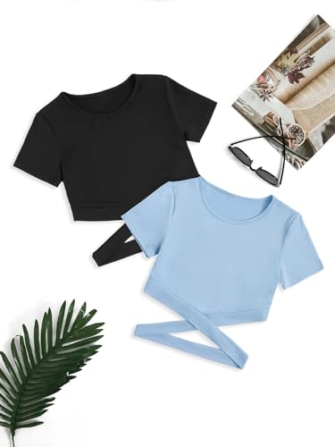 Image of Milumia Girl's 2 Piece Cut Out Crisscross Crop Tops Short Sleeve Tee Shirts