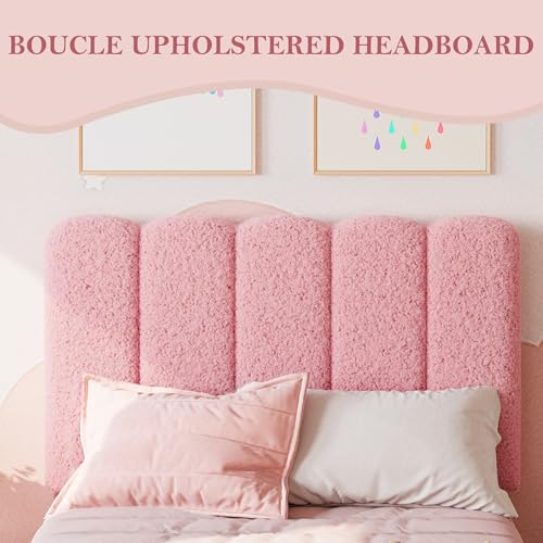 GarveeHome Twin Bed Frame, Boucle Upholstered Platform Bed with Wave Headboard for Girls/Kids, Easy Assembly, Wooden Slats Support, No Box Spring Needed, Light Pink