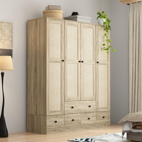 Rattan-Armoire-Wardrobe-Closet-with-7-Shelves-5-Drawers-Hanging-Bars-59-L-Wooden-Wardrobe-Clothes-Storage-Cabinet-for-Bedroom-Guest-Room-Brown Rattan Armoire Wardrobe Closet with 7 Shelves 5 Drawers Hanging Bars 59 L Wooden Wardrobe Clothes Storage Cabinet for Bedroom Guest Room Brown